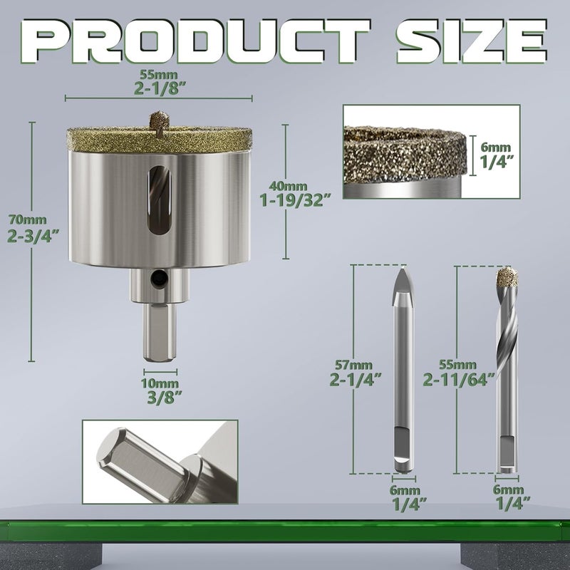 CSOOM 2-1/8"(55mm) Diamond Hole Saw with Center Drill Bit, One-Touch Positioning, Easy to Penetrate Hard Materials Such as Ceramic, Tile, Glass, Granite, Marble, etc. - Image 2